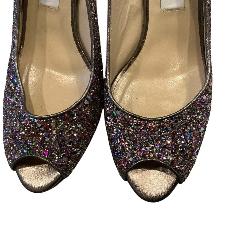 Jimmy Choo Clue platform peep toe multicolored bling slingback heel shoes Sz 40